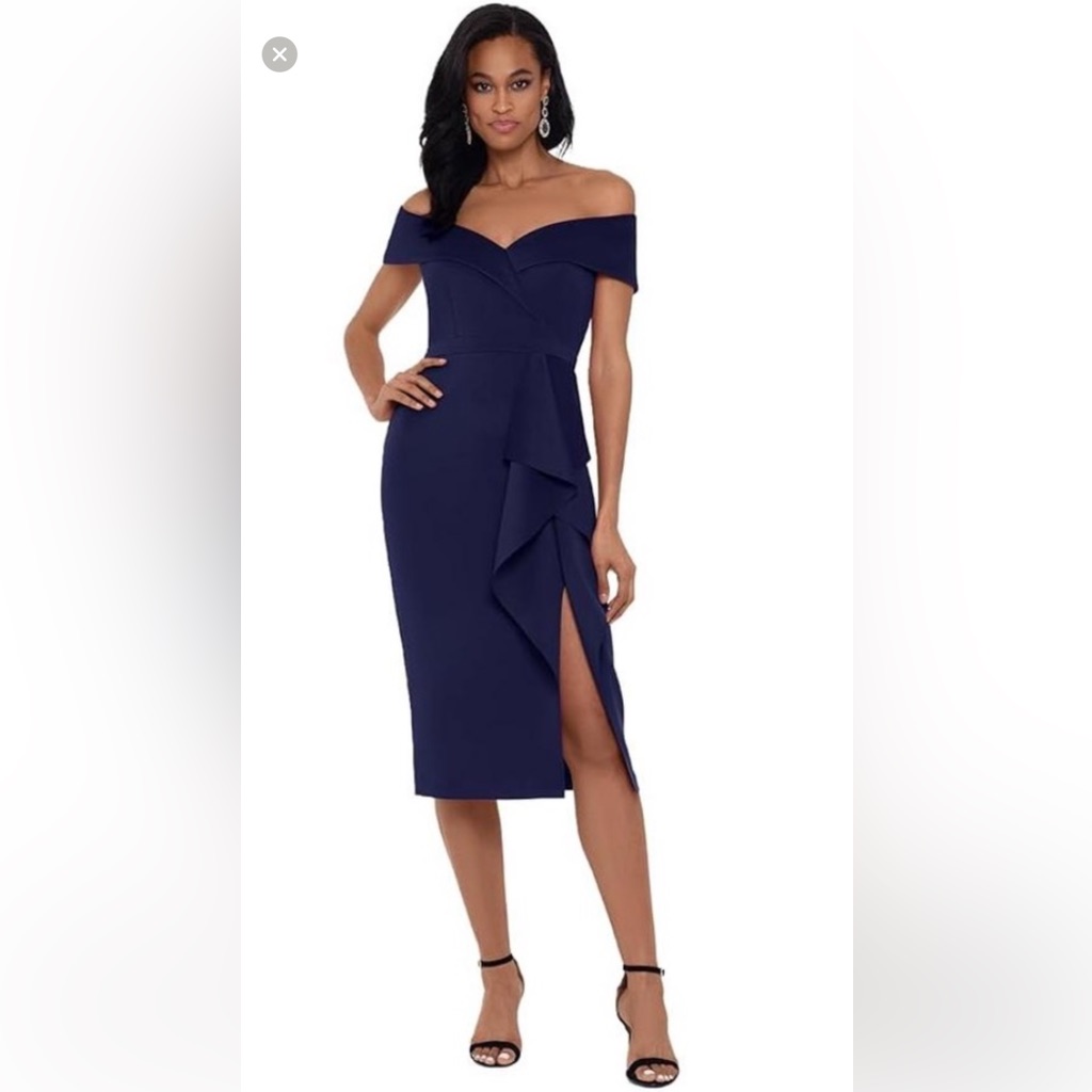 Nwot Xscape Women's Knee Length Ots Scuba Side Slit Dress, Midnight Size 8